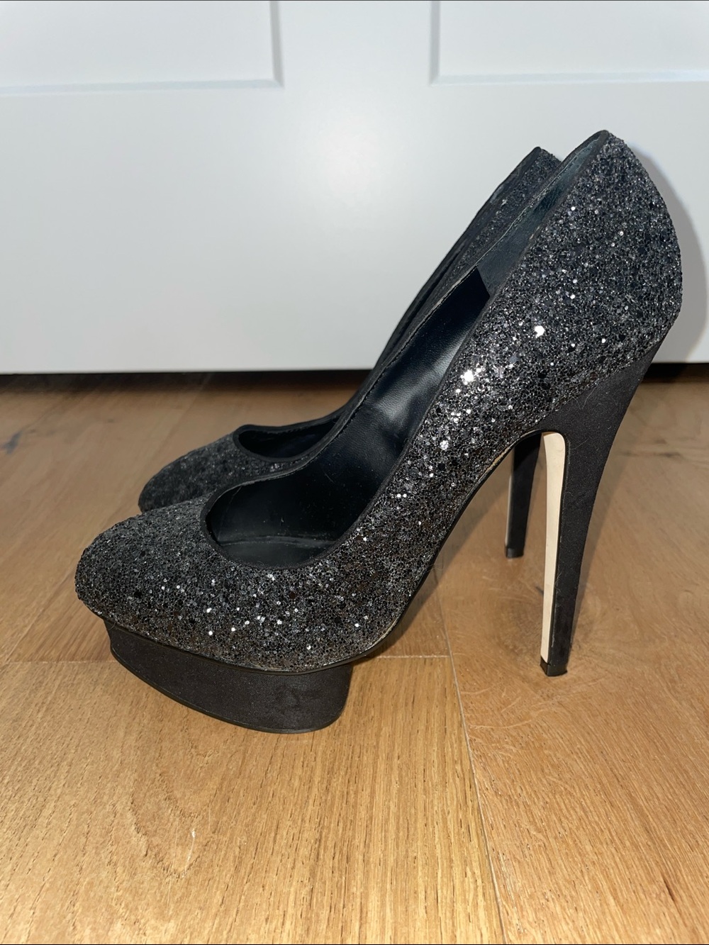 Aldo Passarello Black Glitter Platform Stiletto Heels Size 8.5